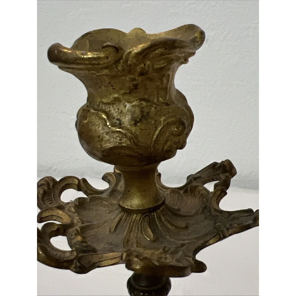 Antique Rococo Gilt Copper Bronze Floral Ornate Scrolled Candlestick Marble‎
